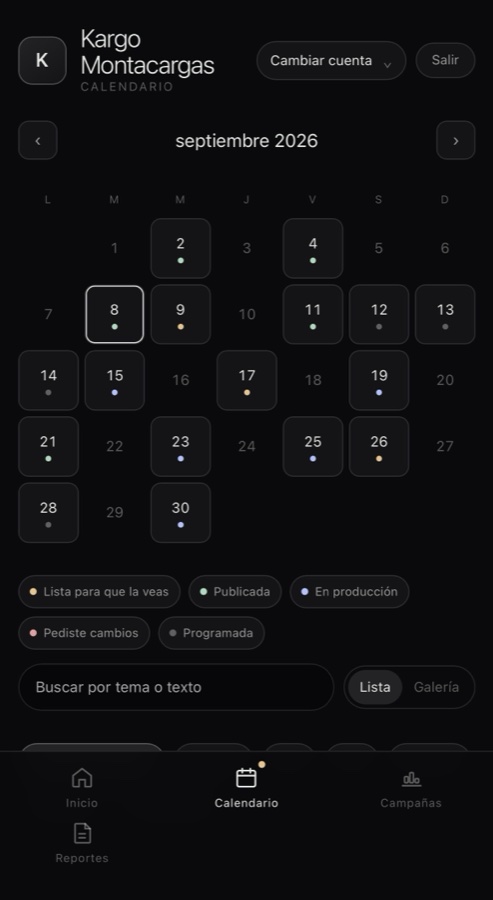 Calendario de contenido de Kargo Montacargas visto desde el portal de clientes de LANDA